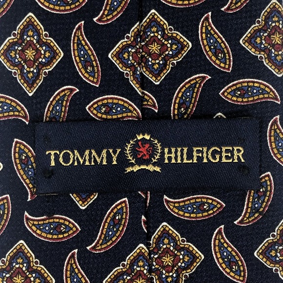 Tommy Hilfiger Navy Blue Yellow Paisley Star Necktie Geometric Silk USA VTG 90s - Picture 2 of 8